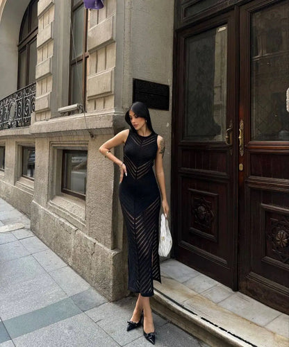 Sleeveless Patchwork Knit Maxi Dresses