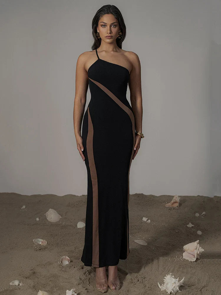 Black Mesh Patchwork One Shoulder Maxi Dress