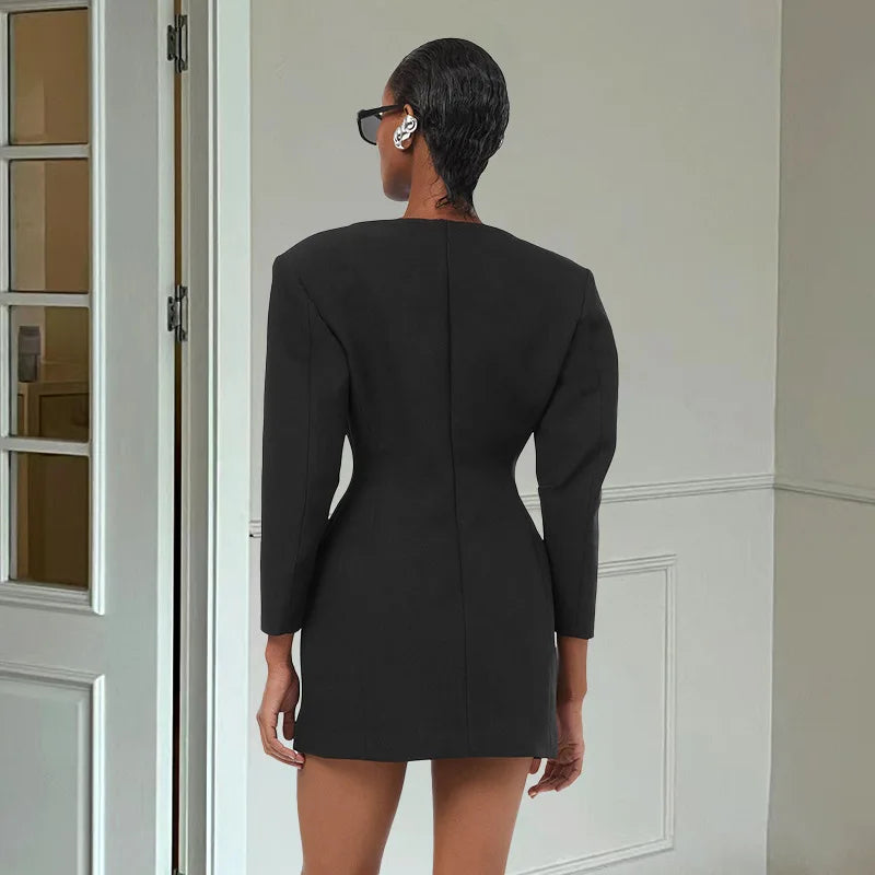 Black Solid Long Sleeve Blazer Dress