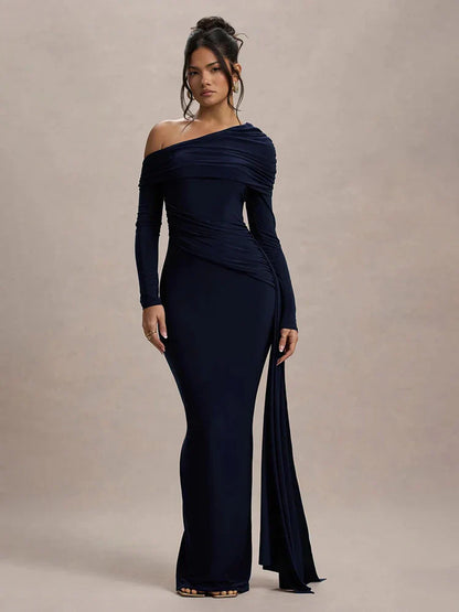 Skew Collar Long Sleeve Maxi Dress