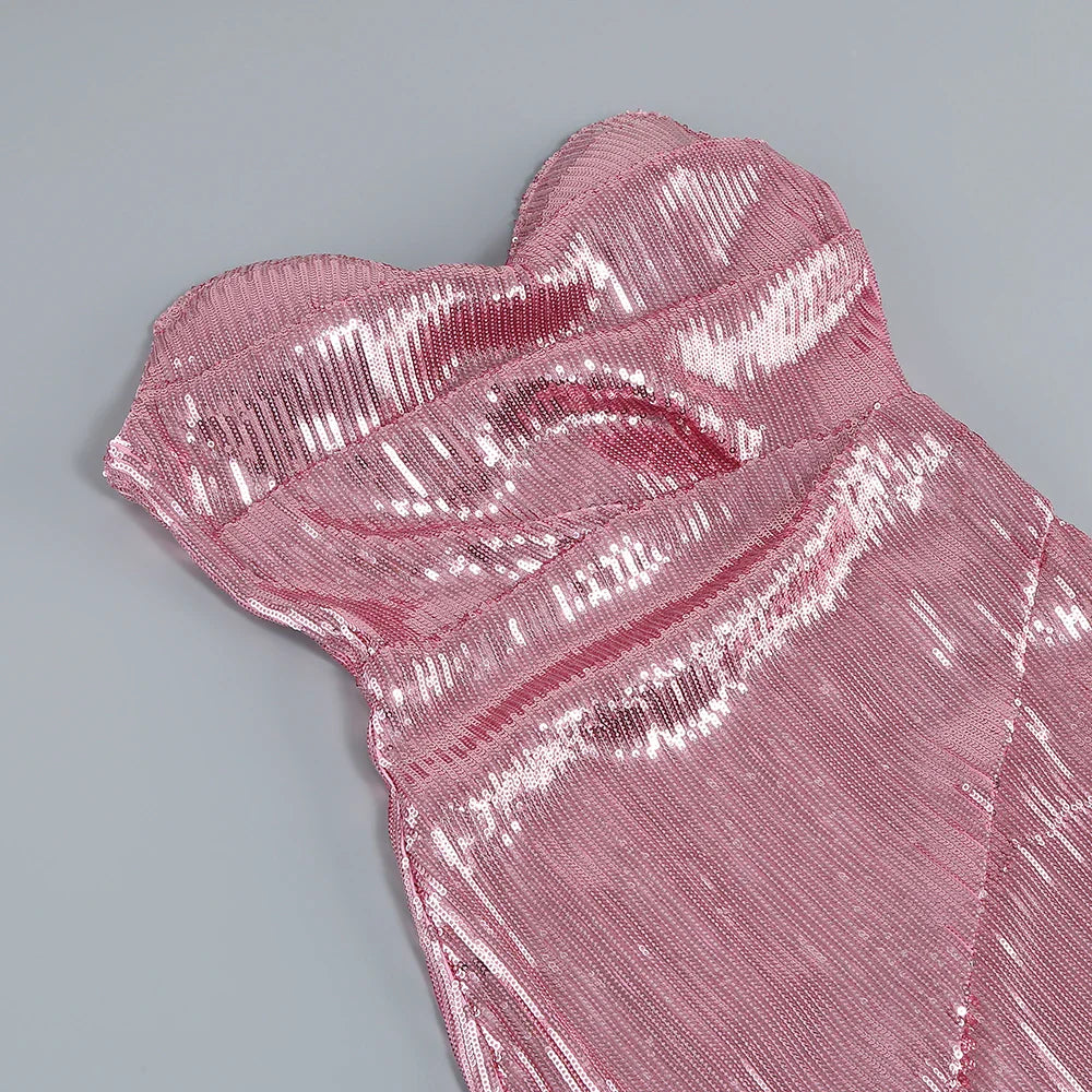 Sequined Strapless Slit Lace Up Ankle Length Dress