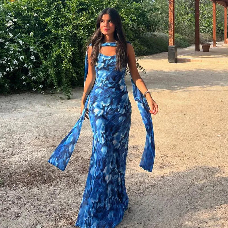 Halter Backless Blue Printed Lace-up Long Dress