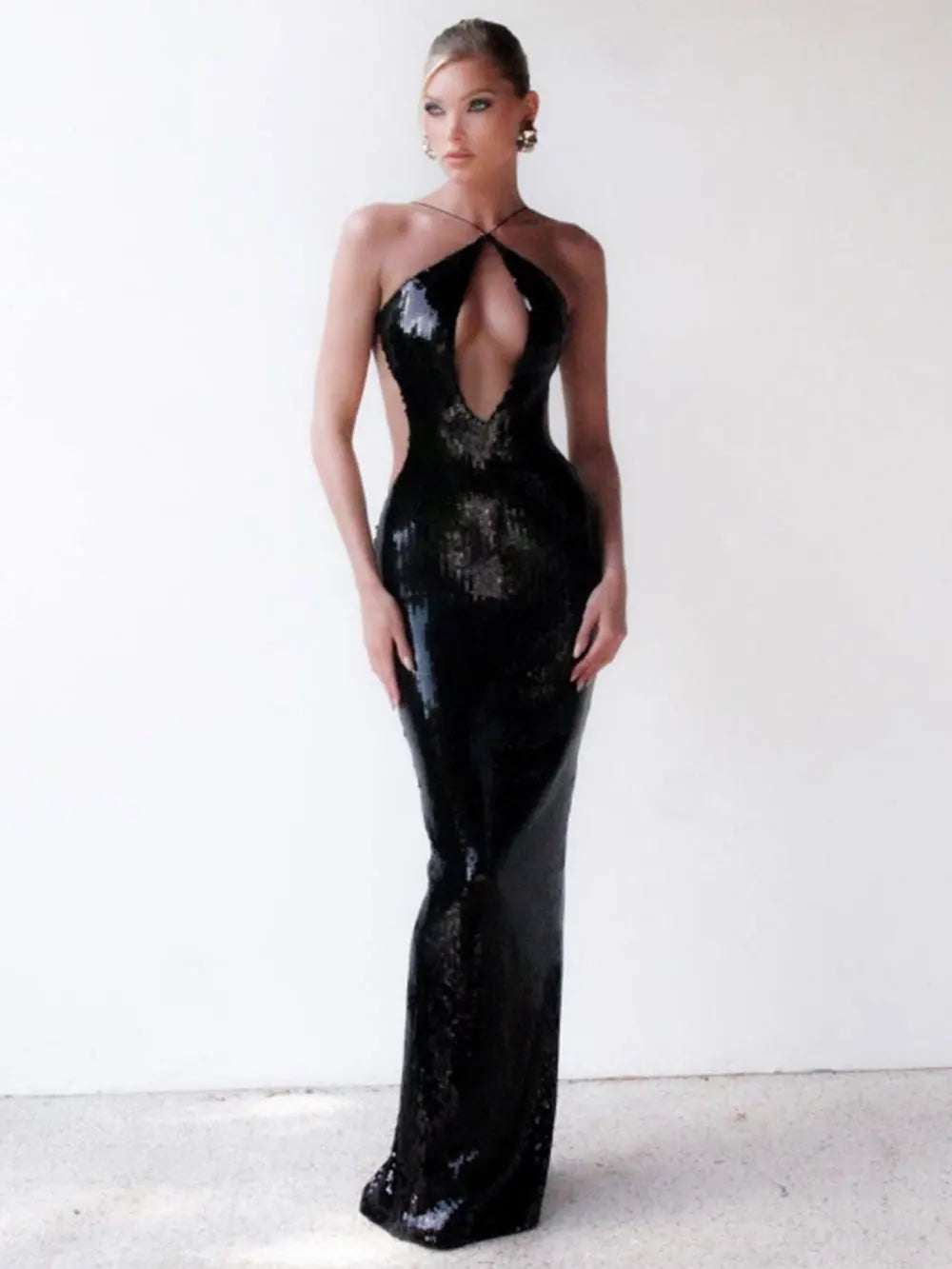 Gold Sequin Spaghetti Strap Hollow Long Dress