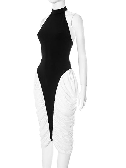 Patchwork Halter Backless Contrast Pleated Midi Dress