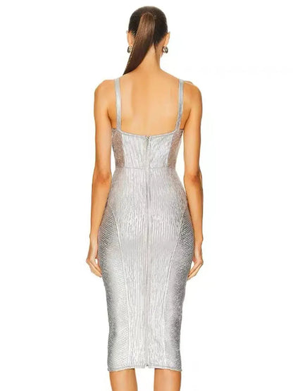 Spaghetti Strap Sleeveless Silver Midi Dress