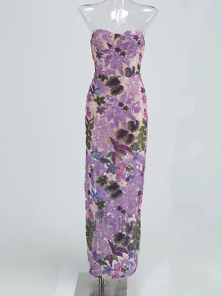 Floral-Embellished Sequin Lavender Ankle Length Dress