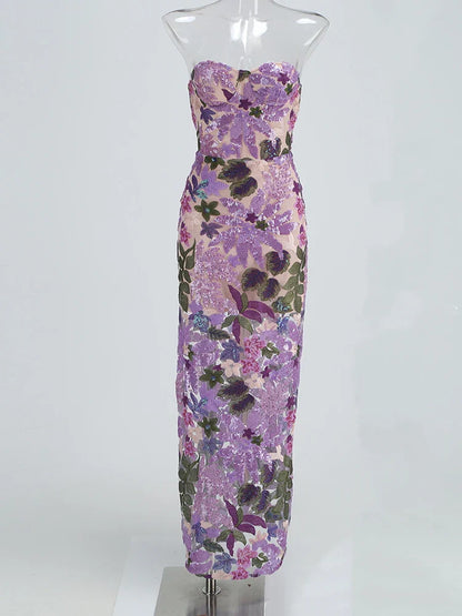 Floral-Embellished Sequin Lavender Ankle Length Dress
