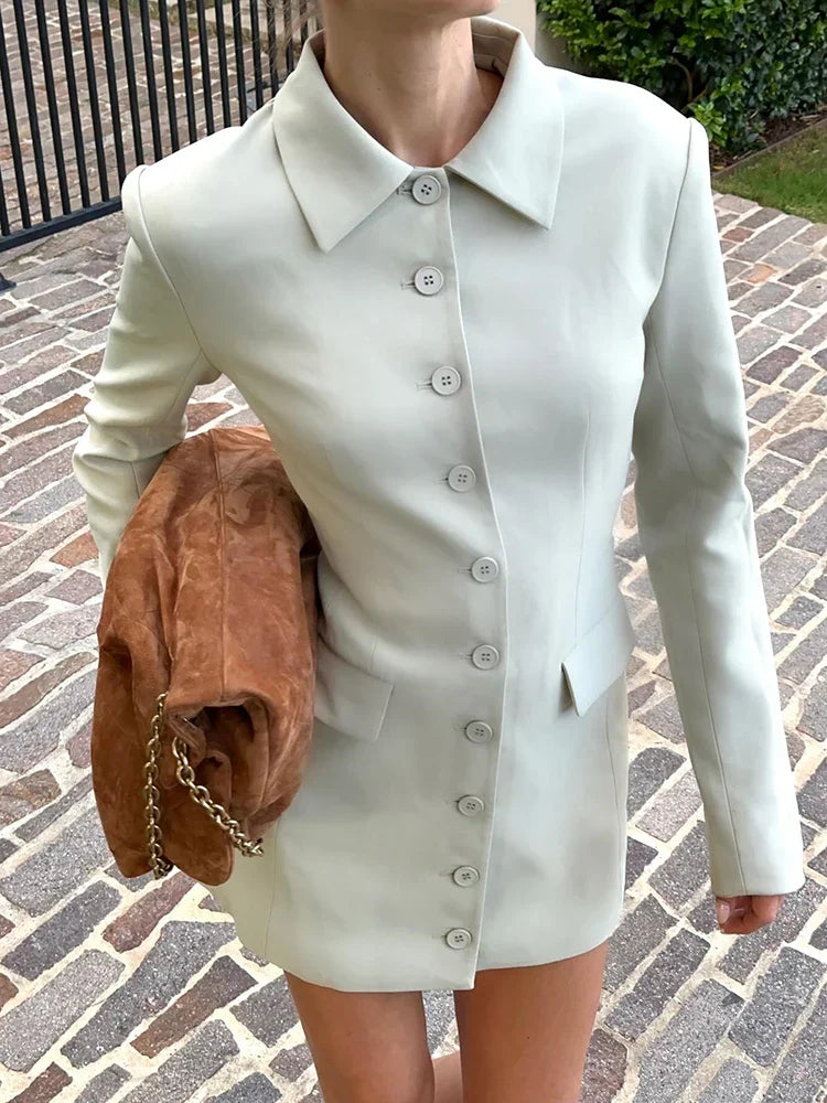 Long Sleeve Lapel Two Pocket Office Lady Blazer Dress