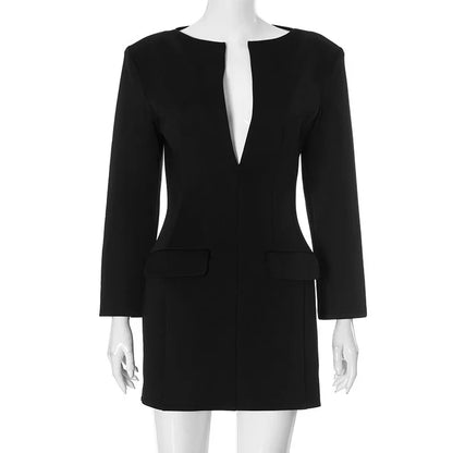 Black Solid Long Sleeve Blazer Dress