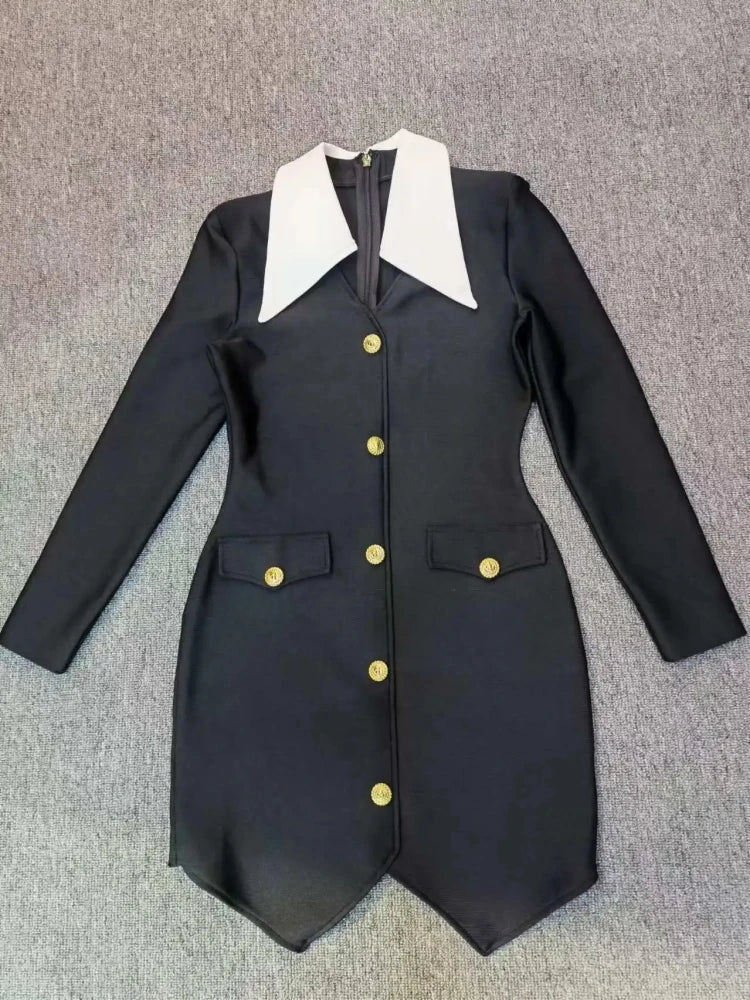 Lapel Buttons Black White Patchwork Mini Dress