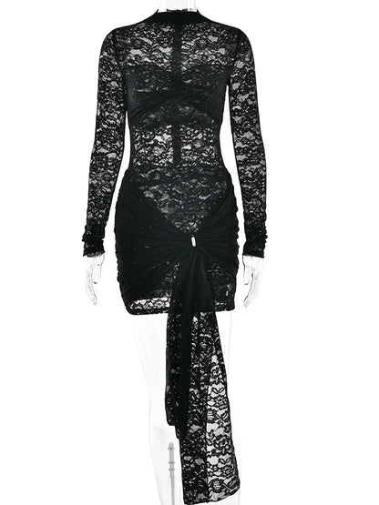 Lace Black Long Sleeve Print Floral Dress