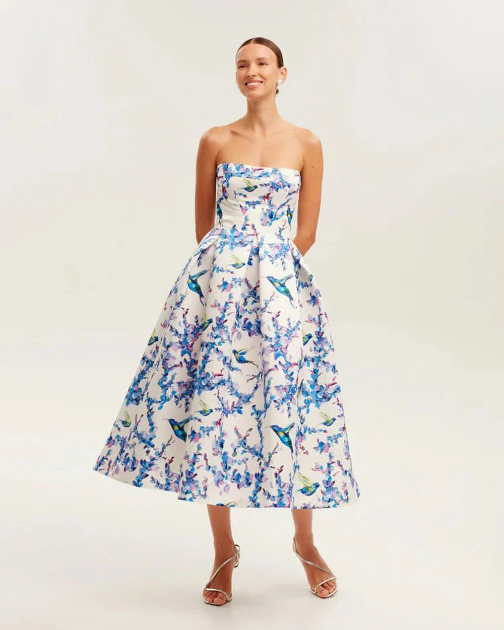 Floral printed strapless back tied rope dress