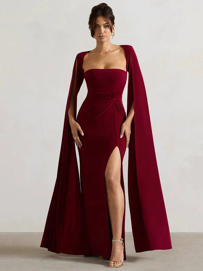Elegant Cape Sleeve Maxi Dress with High Split