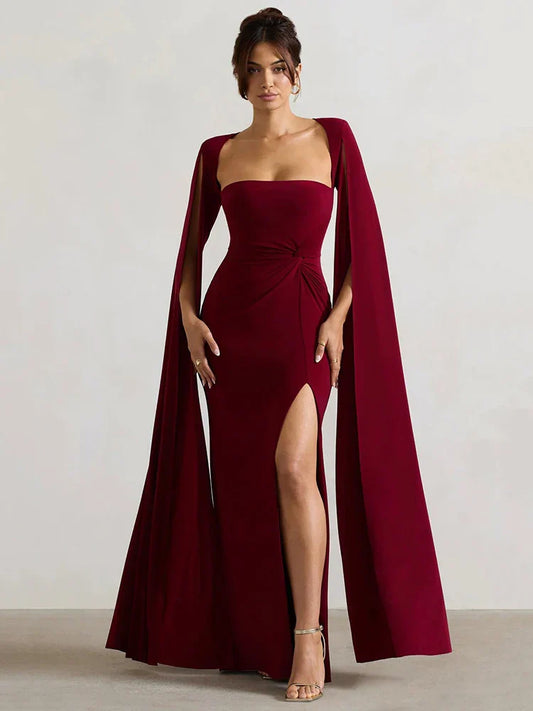 Elegant Cape Sleeve Maxi Dress with High Split