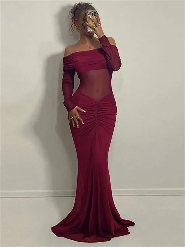 Elegant Backless High Waist  Mesh Patchwork Maxi Dress