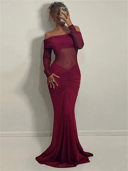 Elegant Backless High Waist  Mesh Patchwork Maxi Dress