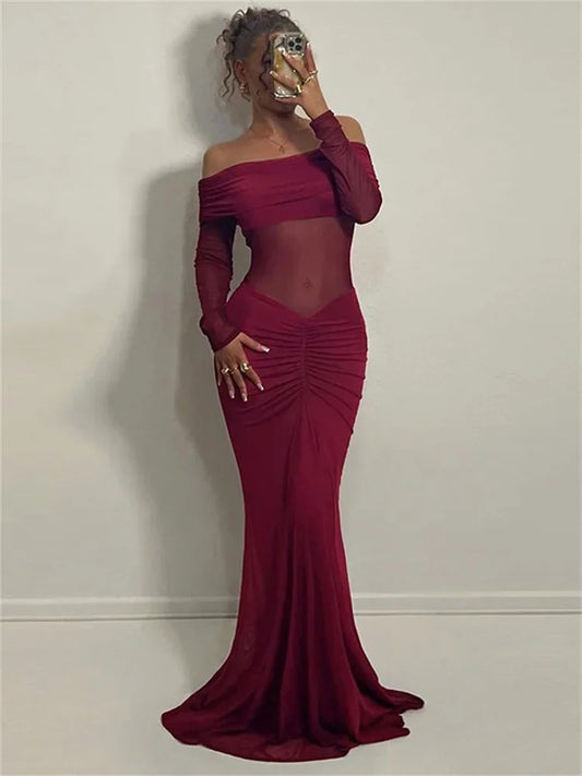 Elegant Backless High Waist  Mesh Patchwork Maxi Dress