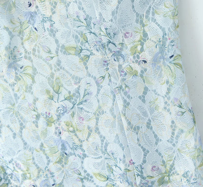 Flower Print Lace Bow Slash Collar Mini Dress