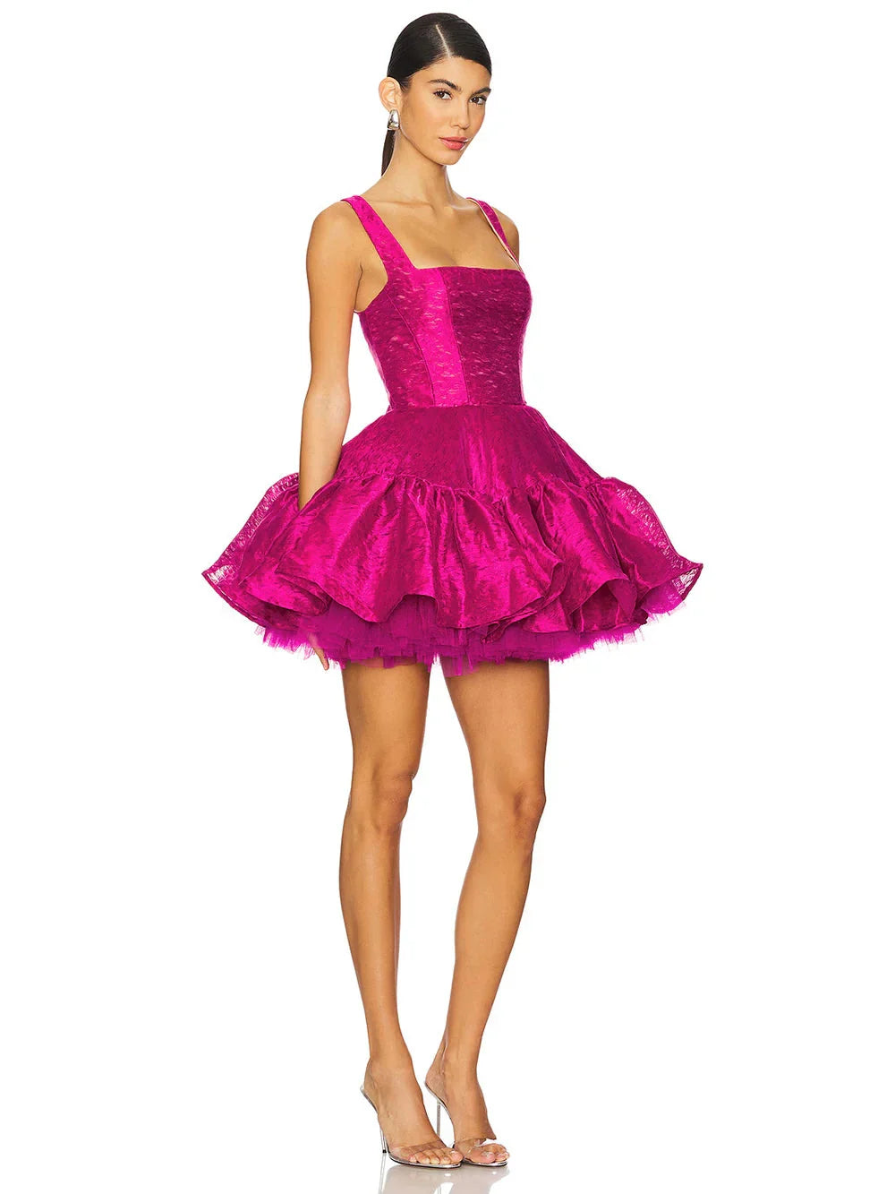 Sling Square Neck Ball Gown Fuchsia Mini Dress