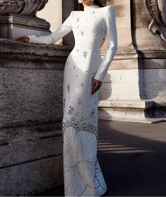 White Beads Diamond Long Sleeve Maxi Dress