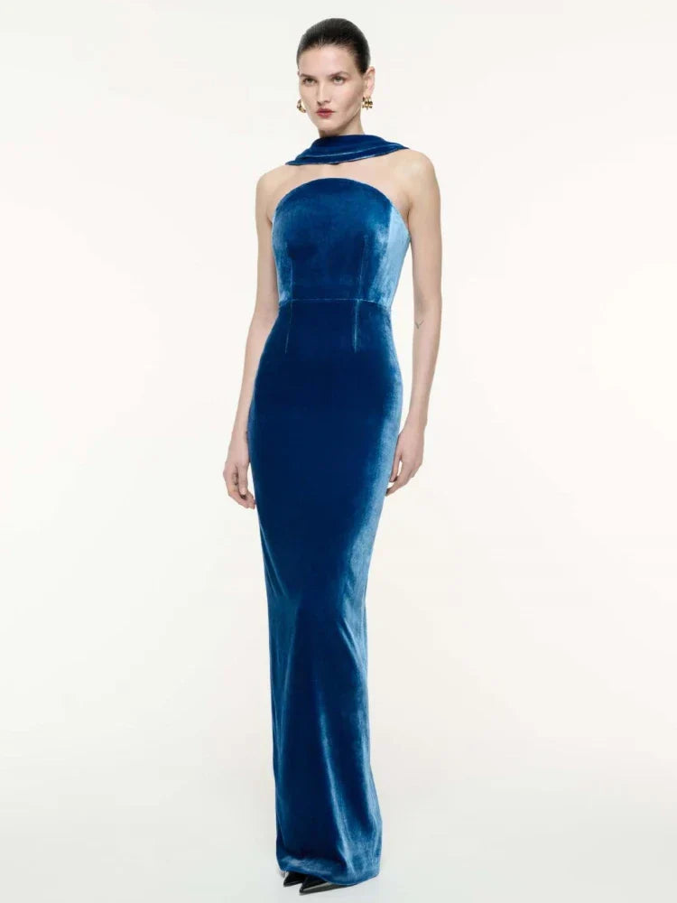 Blue Velvet Halter Sleeveless Maxi Dress