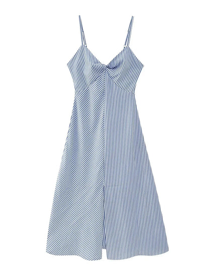Back Zip Blue Striped Spaghetti Strap Midi Dress