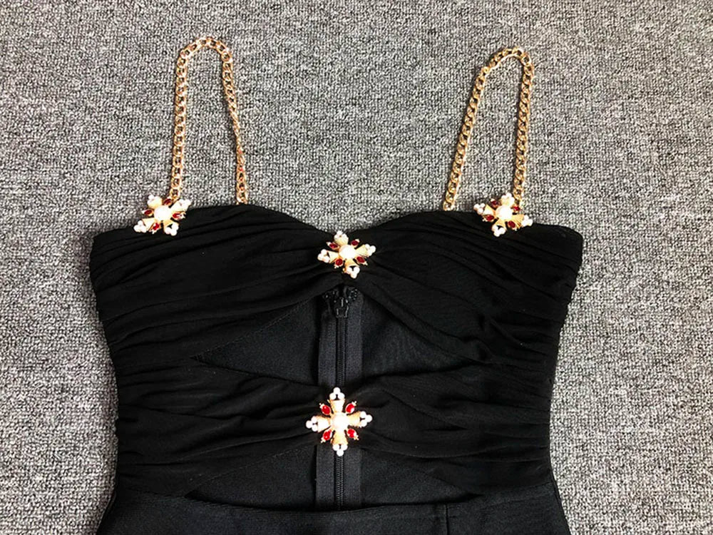 Black Metal Cross Brooch Design Strap Bandage Slit Midi Dress