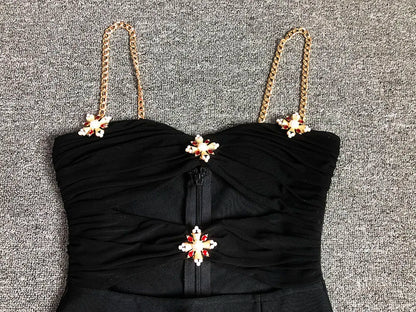 Black Metal Cross Brooch Design Strap Bandage Slit Midi Dress