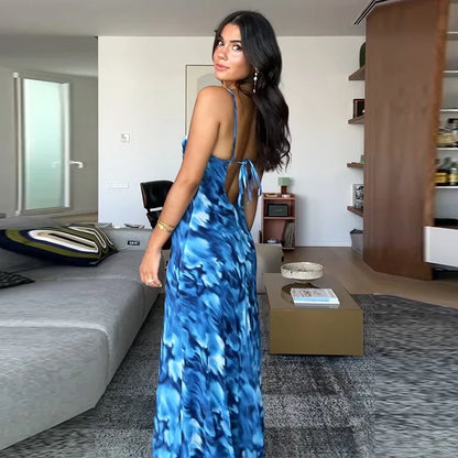Halter Backless Blue Printed Lace-up Long Dress