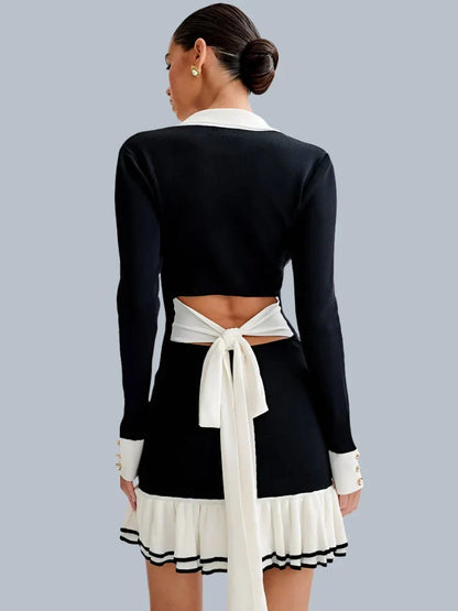 Ruffled Contrast Bow Open Back Lace-Up Knit Mini Dress