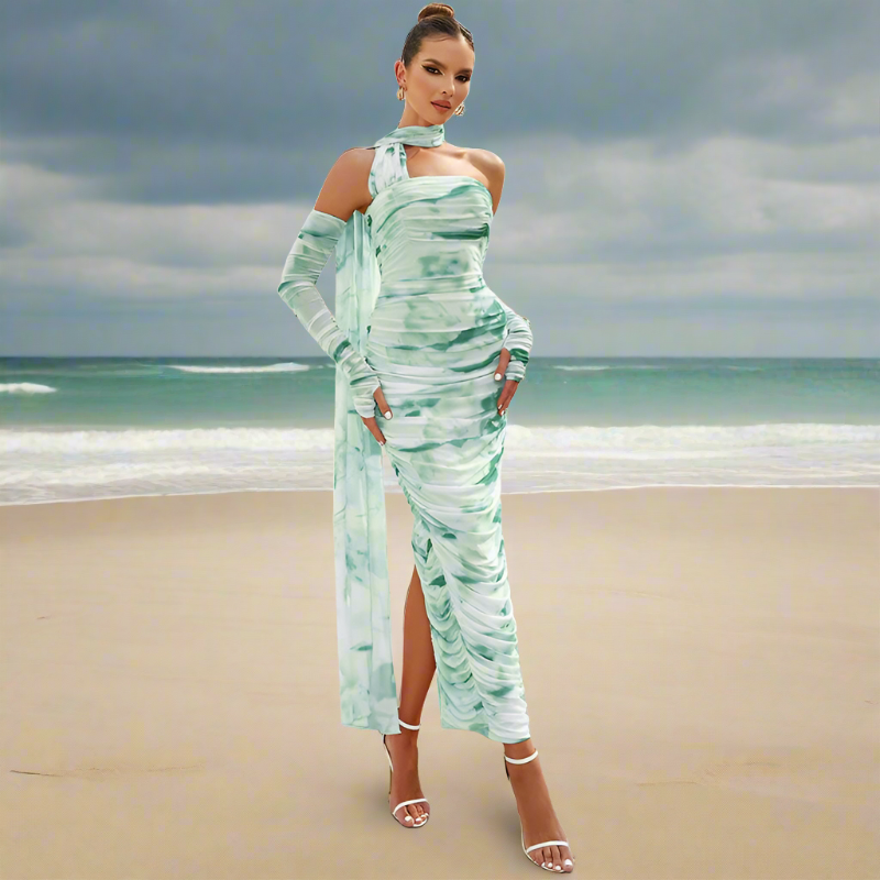 Halter Open Shoulder Printed Lace Fold Midi Dress