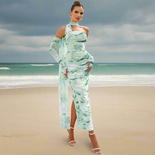 Halter Open Shoulder Printed Lace Fold Midi Dress