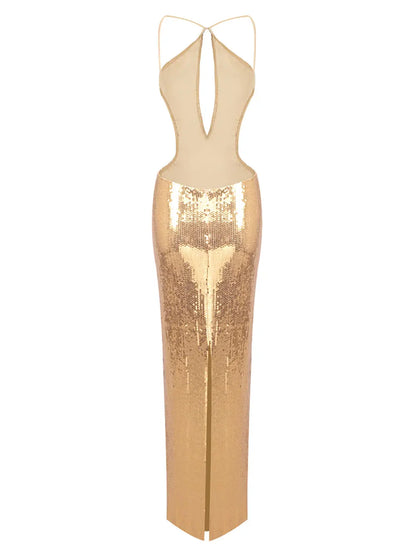 Gold Sequin Spaghetti Strap Hollow Long Dress