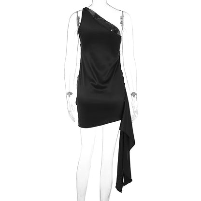 Satin Sleeveless One Shoulder Ribbon Mini Dress