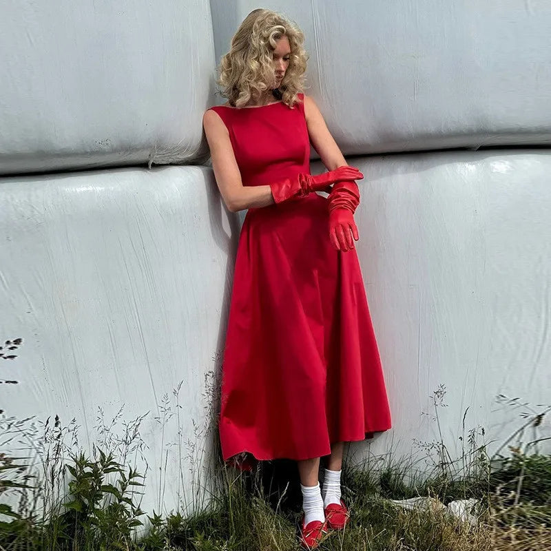 Straight Neck Sleeveless Flare Midi Dress