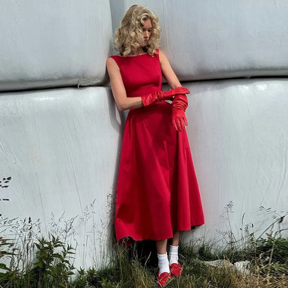 Straight Neck Sleeveless Flare Midi Dress