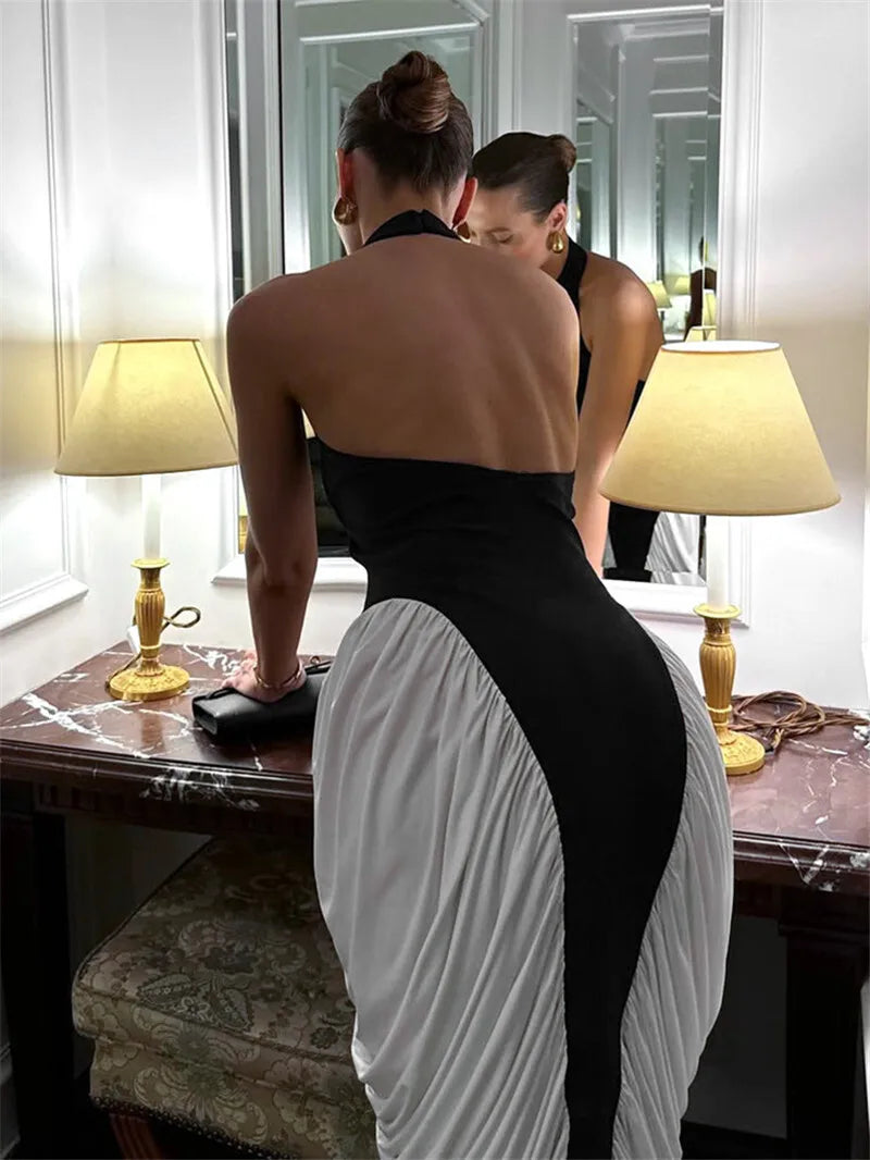 Patchwork Halter Backless Contrast Pleated Midi Dress