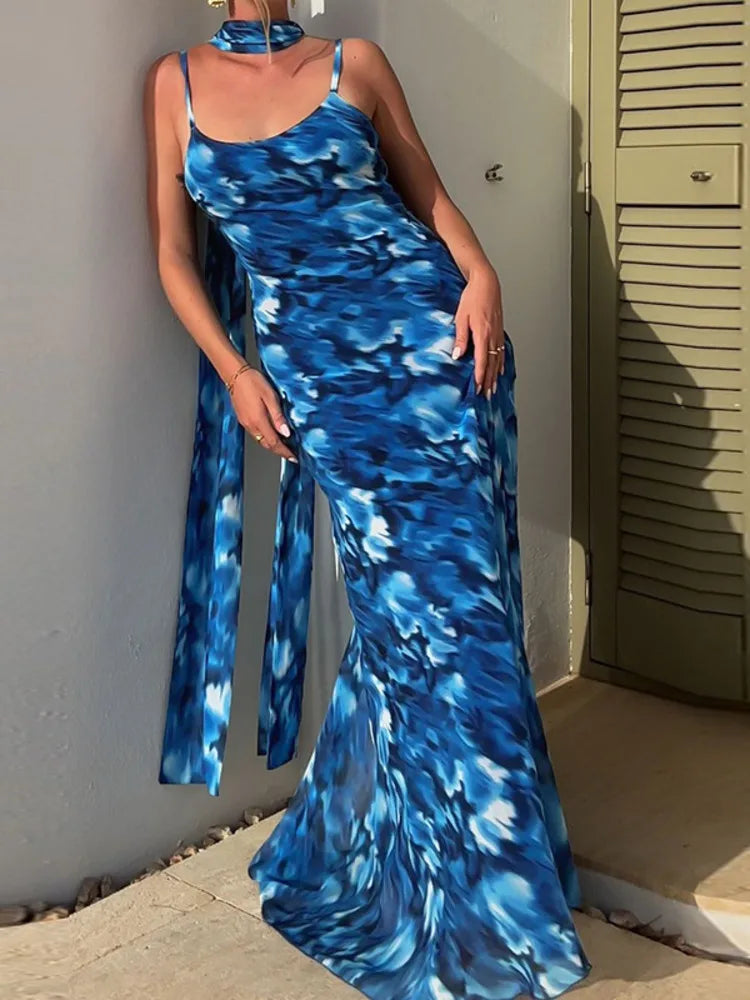 Halter Backless Blue Printed Lace-up Long Dress