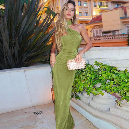 Halter Green Off-shoulder Backless Long Dress