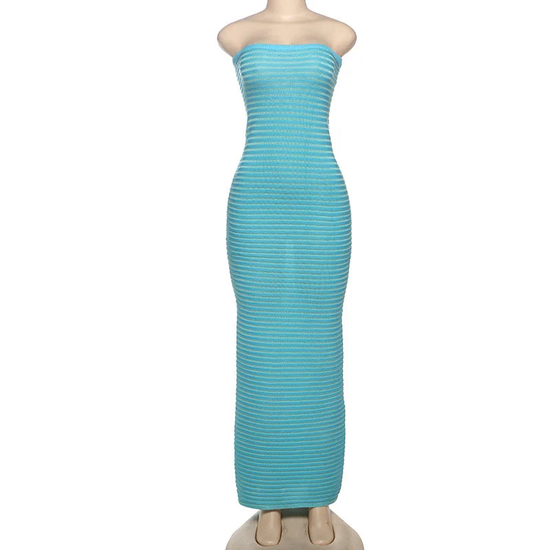 Knitted Striped Strapless Maxi Dress