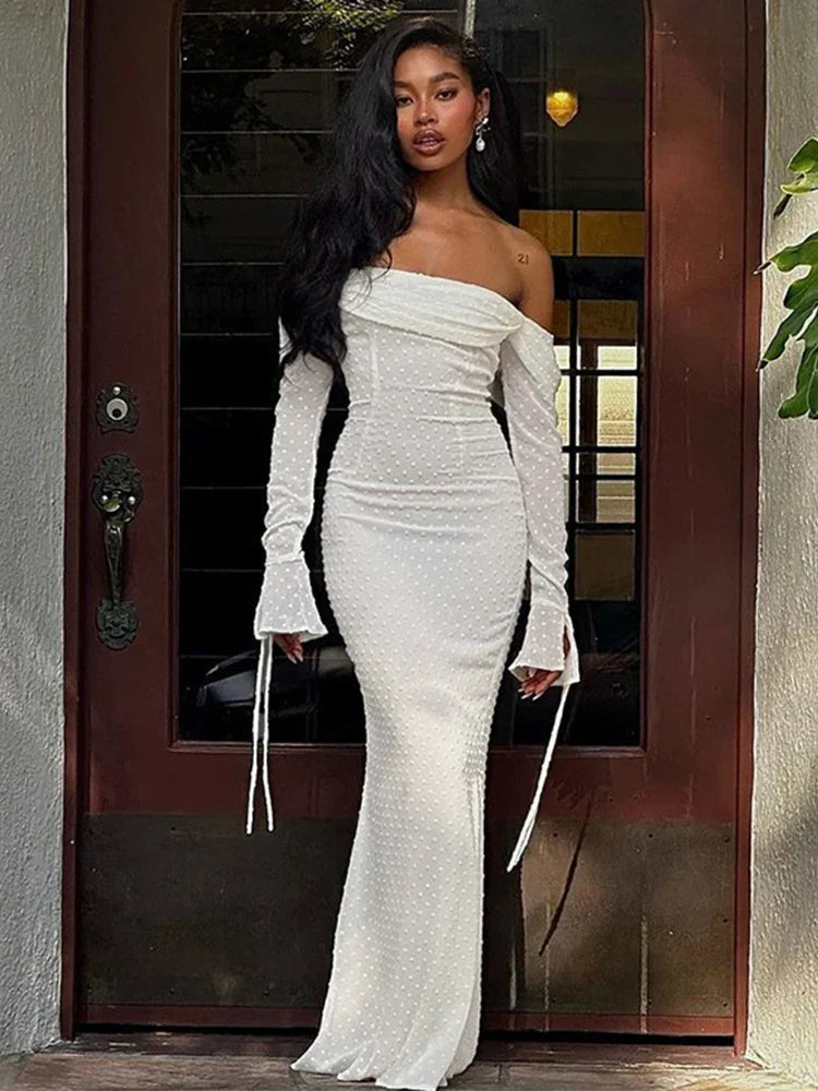 Polka Jacquard Long Flare Sleeves Midi Dress