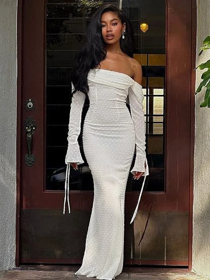 Polka Jacquard Long Flare Sleeves Midi Dress