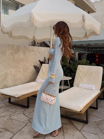 Starfish Metal Ring Full Sleeve Blue Cut Out Bikini Dresses