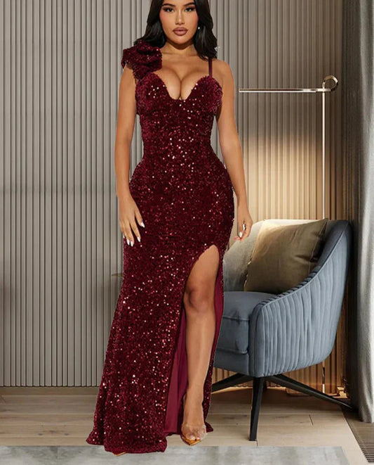 Slit Padded Sequin Strap Long Dress