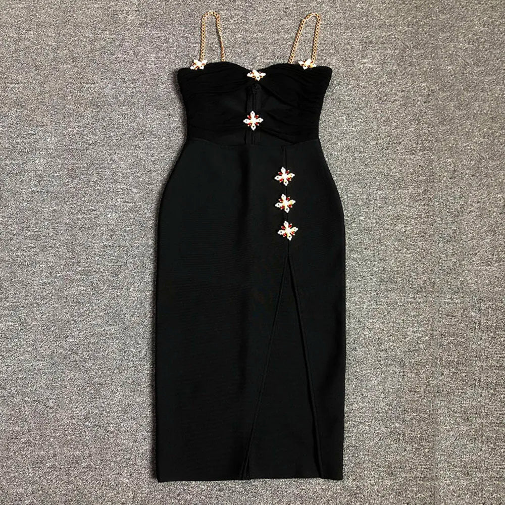 Black Metal Cross Brooch Design Strap Bandage Slit Midi Dress