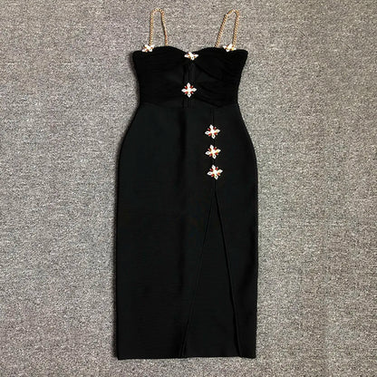 Black Metal Cross Brooch Design Strap Bandage Slit Midi Dress