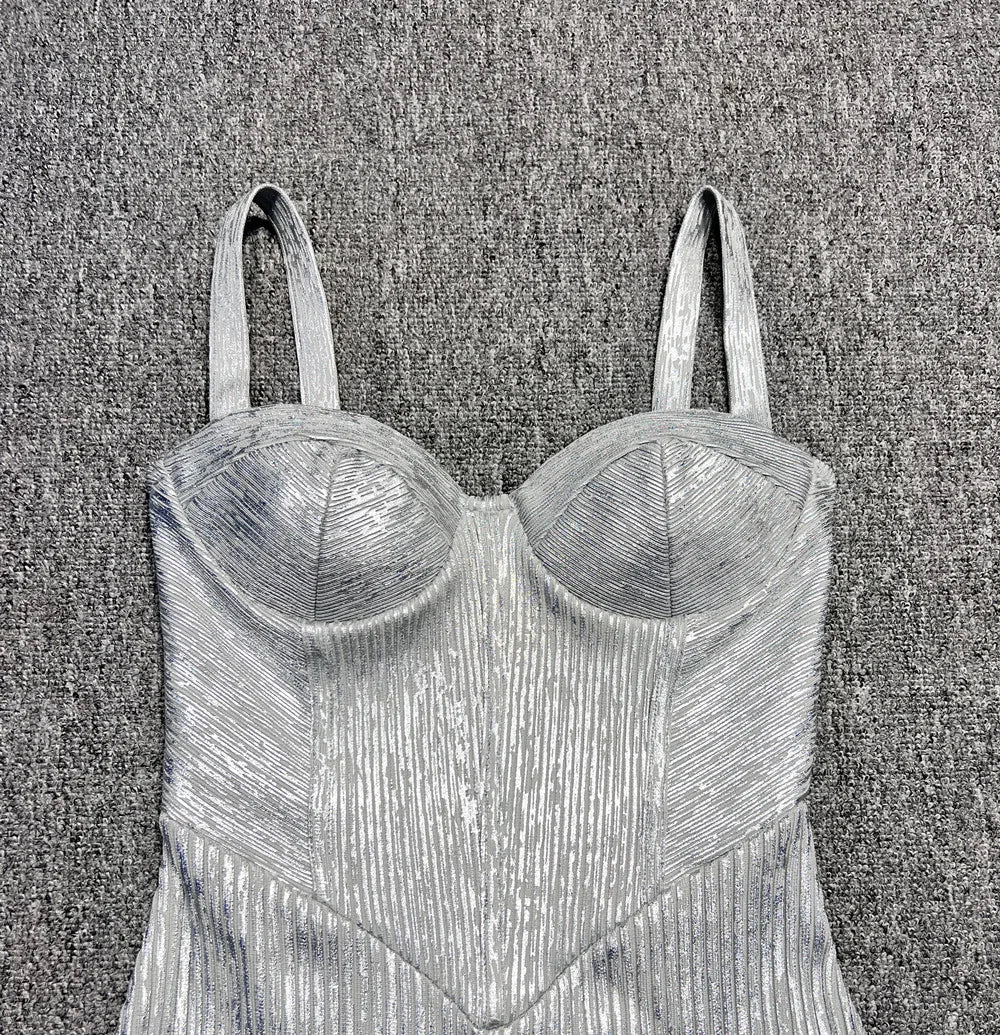 Spaghetti Strap Sleeveless Silver Midi Dress