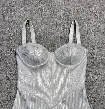 Spaghetti Strap Sleeveless Silver Midi Dress