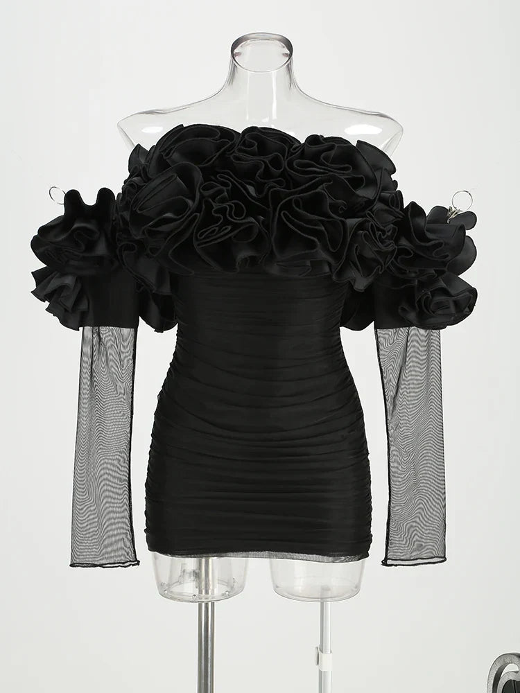 Black Mesh Full Sleeve Ruffles Mini Dress