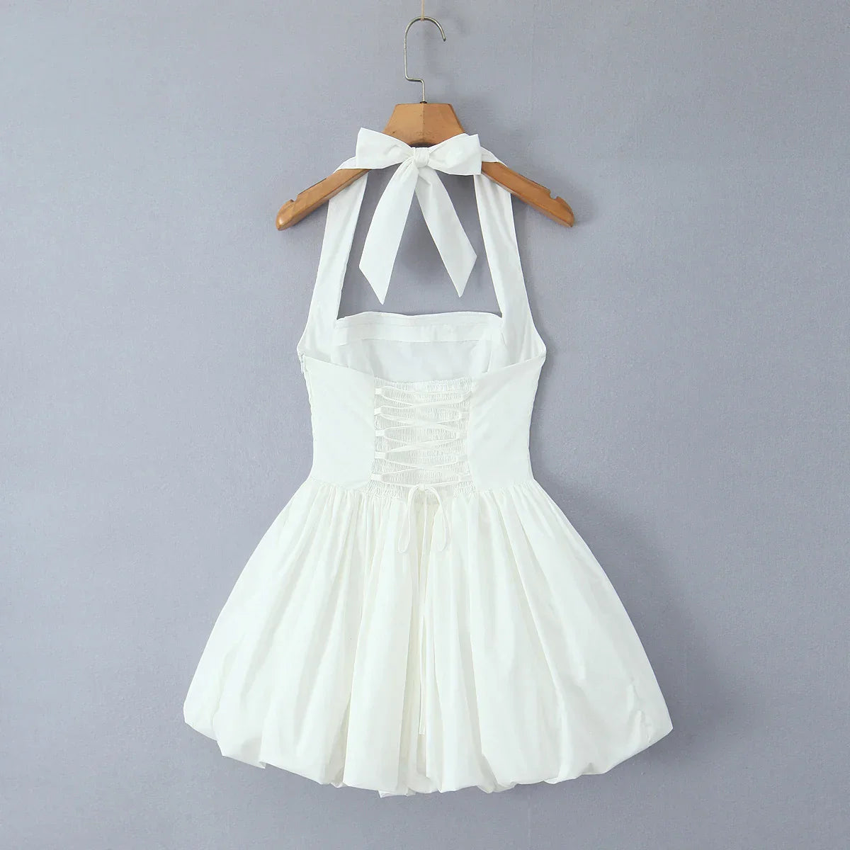 Bow Halter Slash Collar Lacing-Up Back Mini Dress